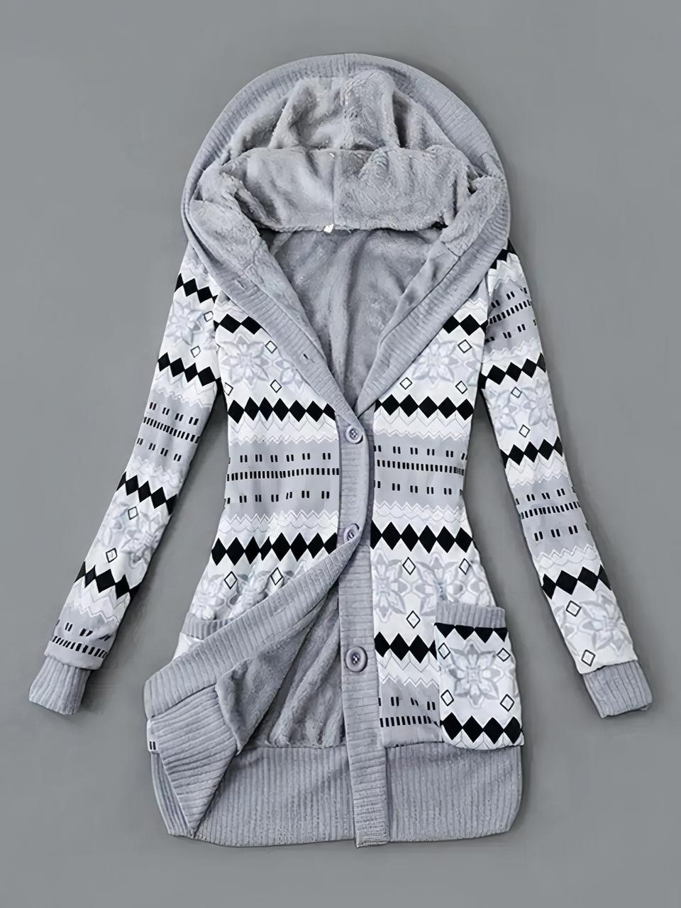 Cardigan à capuche jacquard pour femme Cardigan long avec un motif jacquard blanc, gris et noir.