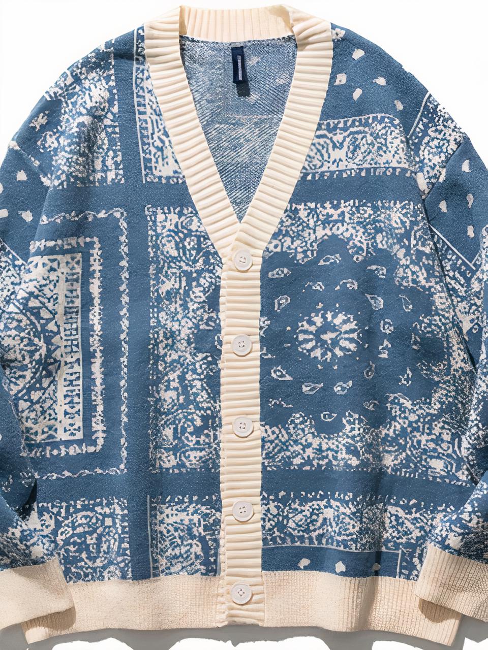 Gilet imprimé floral bleu et blanc. Poignets, encolure, boutonnière et bas en côtes blanches