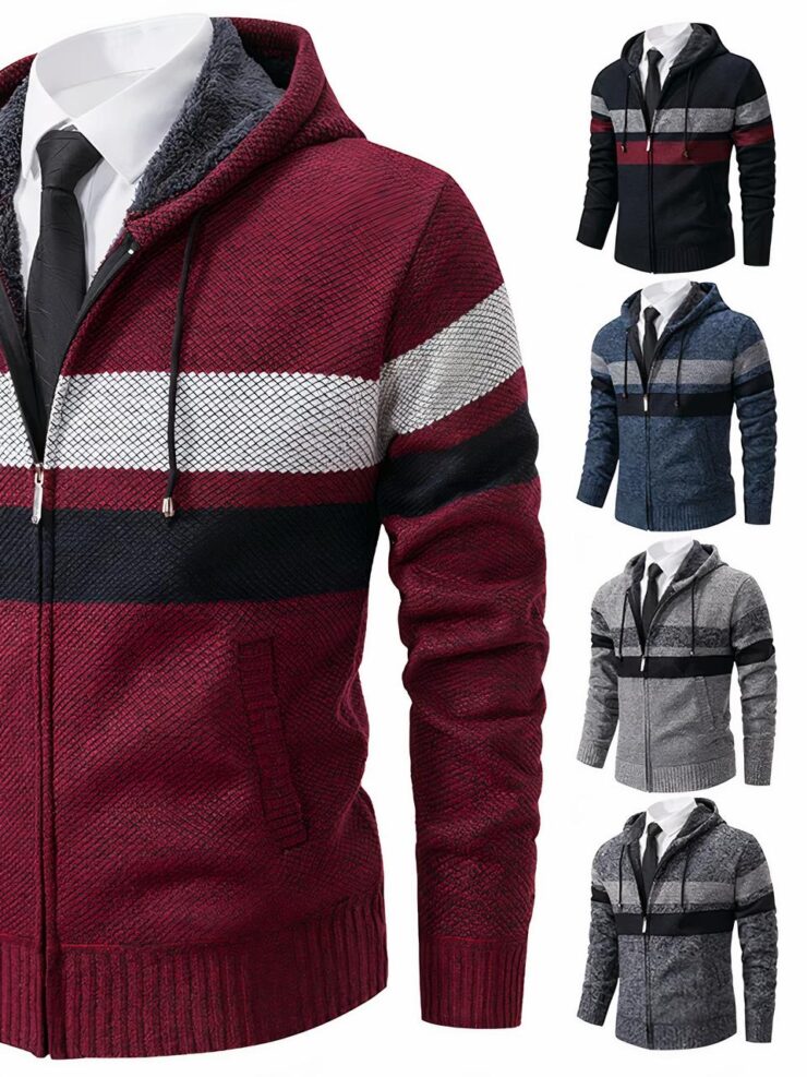 Un gilet avec capuche et zip bordeaux et Une rayure grise et une autre noire. 3 petites photos de gilet, bleu marins, bleu, gis clair et gris foncé