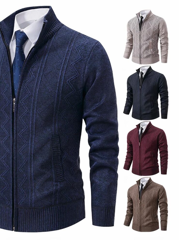 Gilet bleu marine porté avec une chemise blanche et une cravate bleue. 4 gilets plus petits, gris, noir, bordeaux et marron
