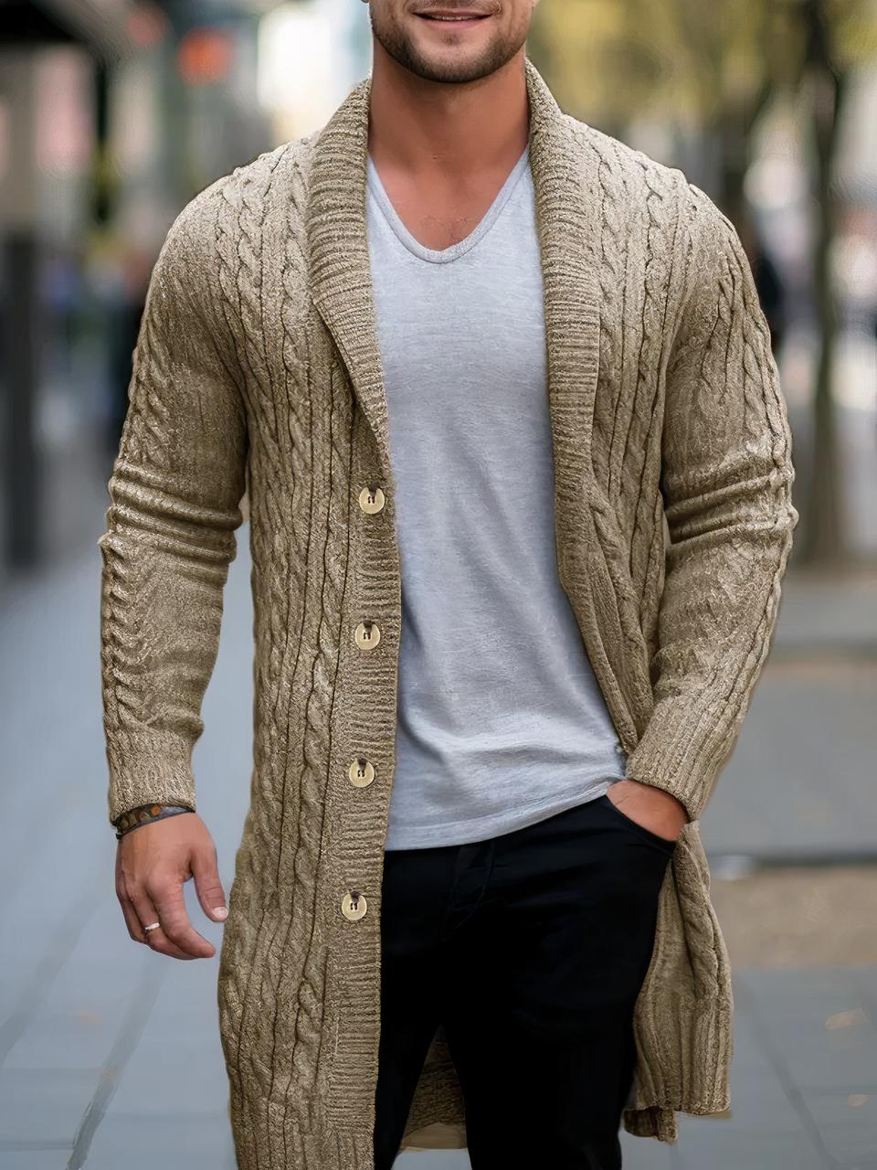 Homme rue long cardigan col châle maille torsadée beige
