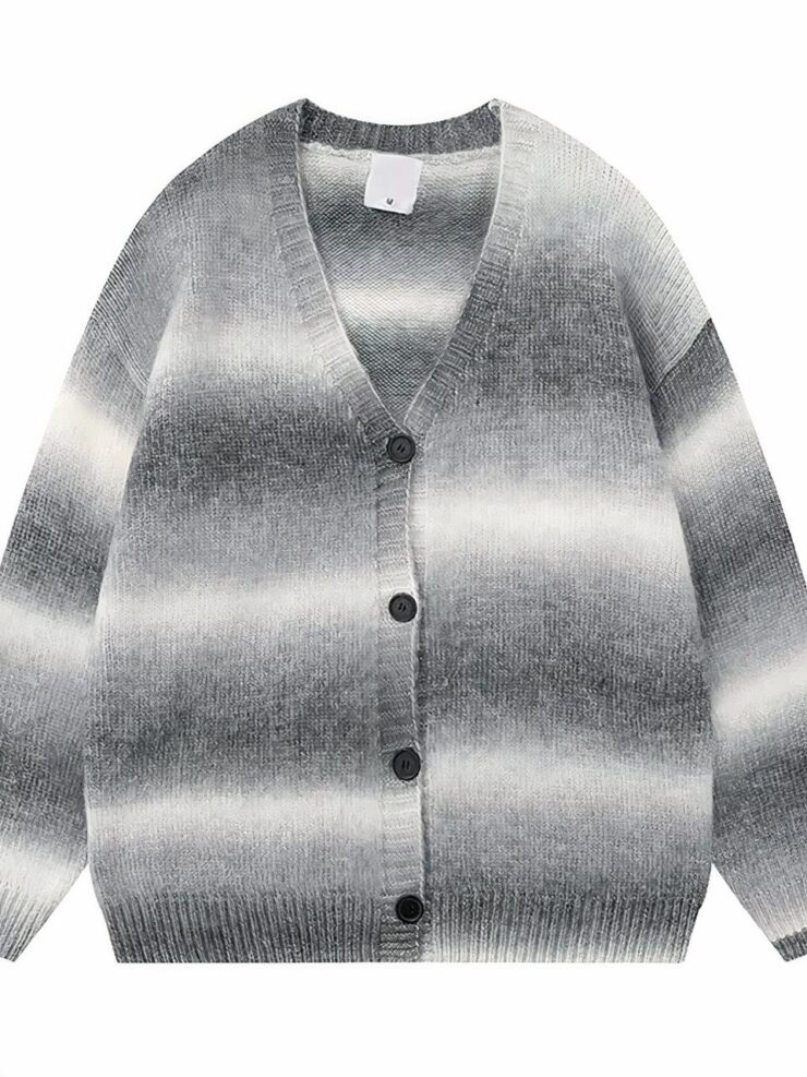 Cardigan bouonné à rayures blanches, grises claires et grises foncées