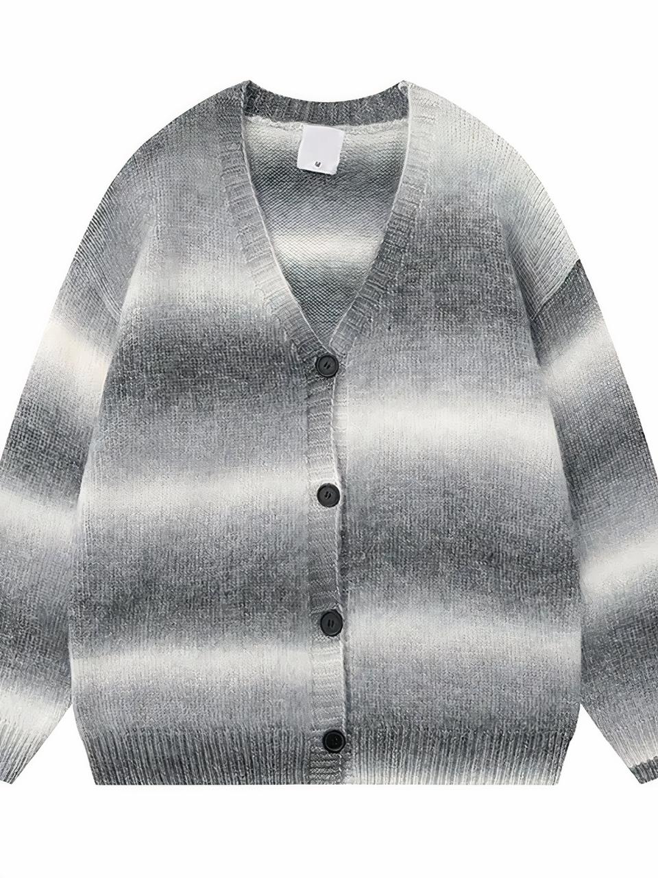 Cardigan bouonné à rayures blanches, grises claires et grises foncées