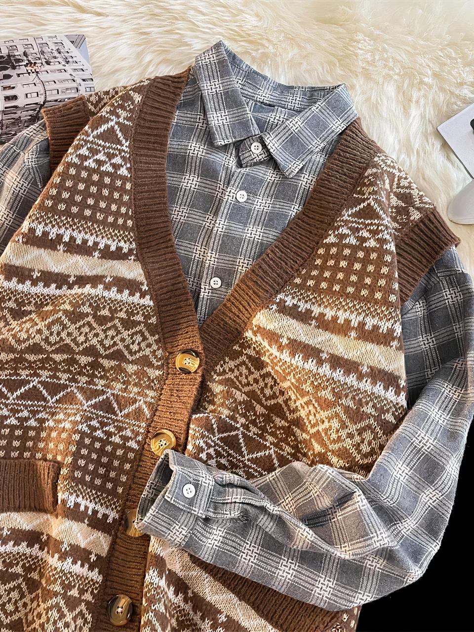 Cardigan sans manches marron avec des motifs rétros