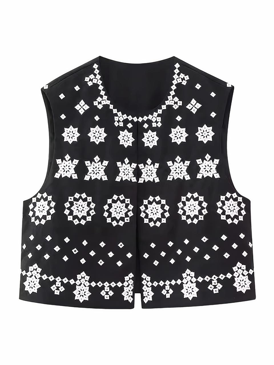 cardigan sans manches col rond noir et blanc